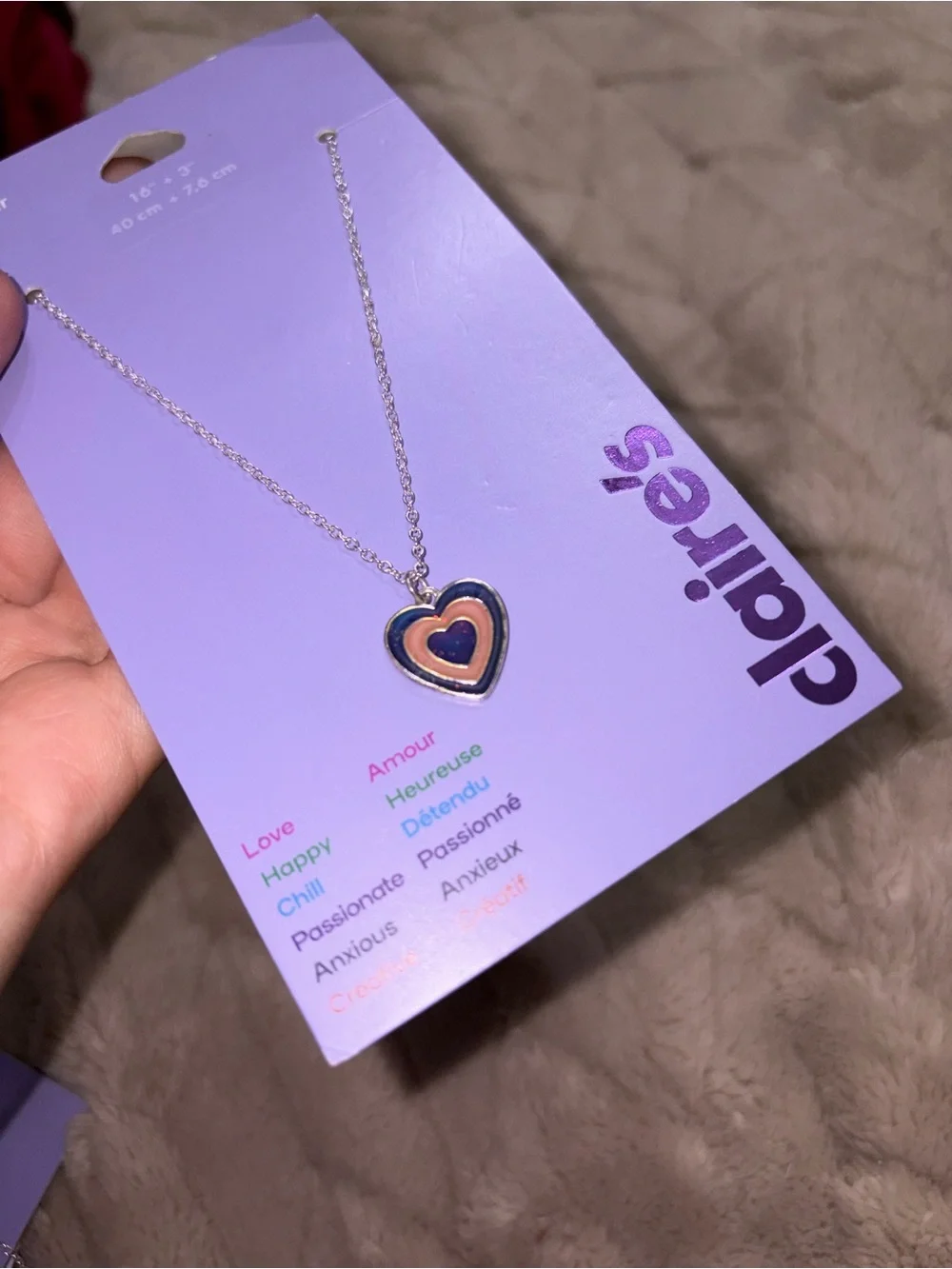 NWT-Claire's Pink/purple and Silver Heart Pendant Mood Necklace